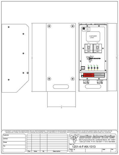 Motion Labs 4 channel chain hoist controller technical drawing with front and side dimension views of the low profile enclosure