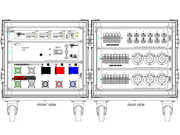 Motion Labs rolling rack PDU with front power meter, 5 wire cam input and thru, and breakered outputs in a shock-mounted ATA case - imagen 3