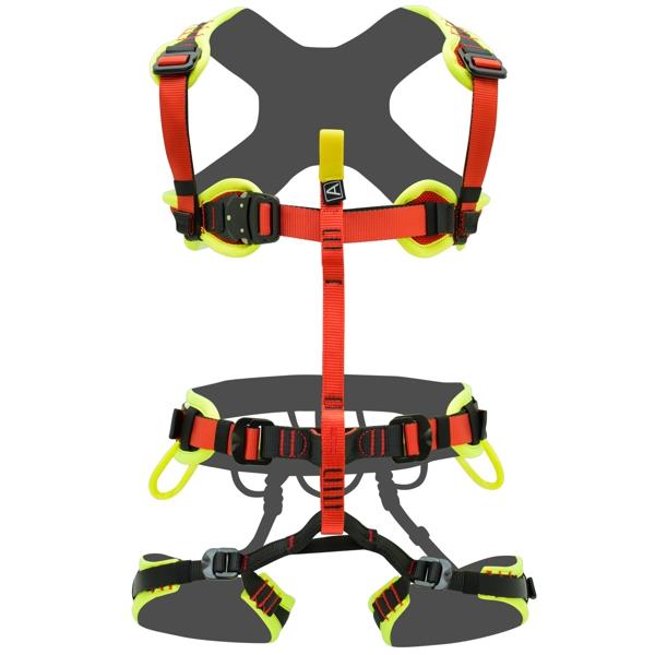 KONG Target Pro ultralight rescue harness front view, fluorescent yellow and red