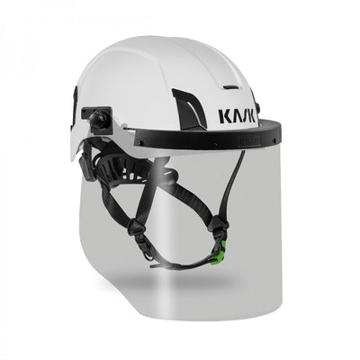 The KASK ARC VISOR ATPV10 arc flash visor shown seamlessly installed on a white KASK Zenith X2 safety helmet, providing full-face 10 cal/cm² thermal protection for electrical work.