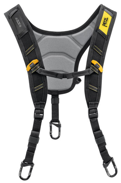 Petzl SEQUOIA Shoulder Straps, front view with padded straps, sternal strap and MINO carabiners