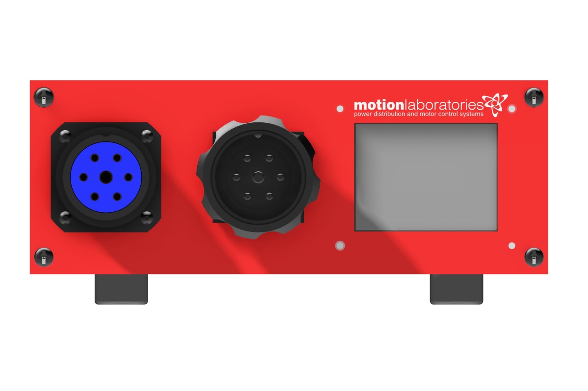 Motion Labs CT-003 7-pin chain hoist cable tester with red front panel, blue and black circular connectors, and touchscreen display. - imagen 4