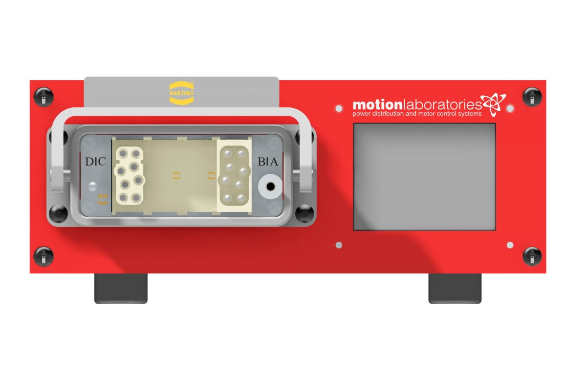 Motion Labs CT-100 dual-twist chain hoist cable tester with red front panel, Harting connector, and touchscreen display. - imagen 7