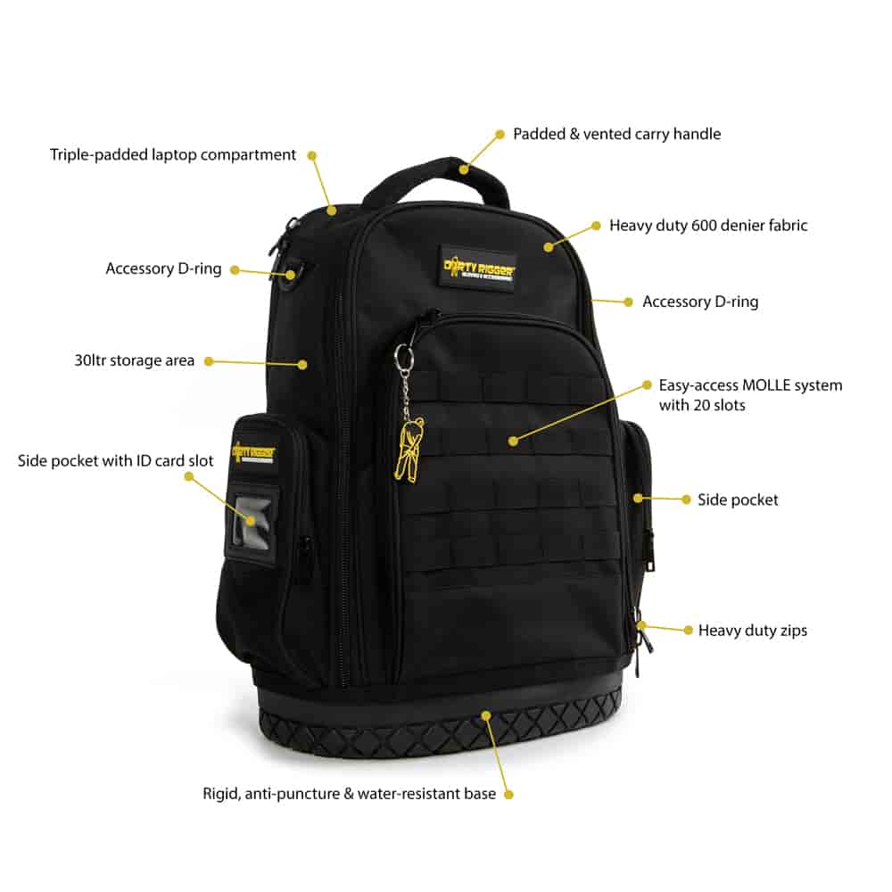 Dirty Rigger Technicians Backpack– The Dirty Rigger Gear Bag has 12 liters of space for tools, tablets, and more. This padded tool bag with shoulder strap is ideal for riggers, construction use, and more. – Now available at MTN Shop US.