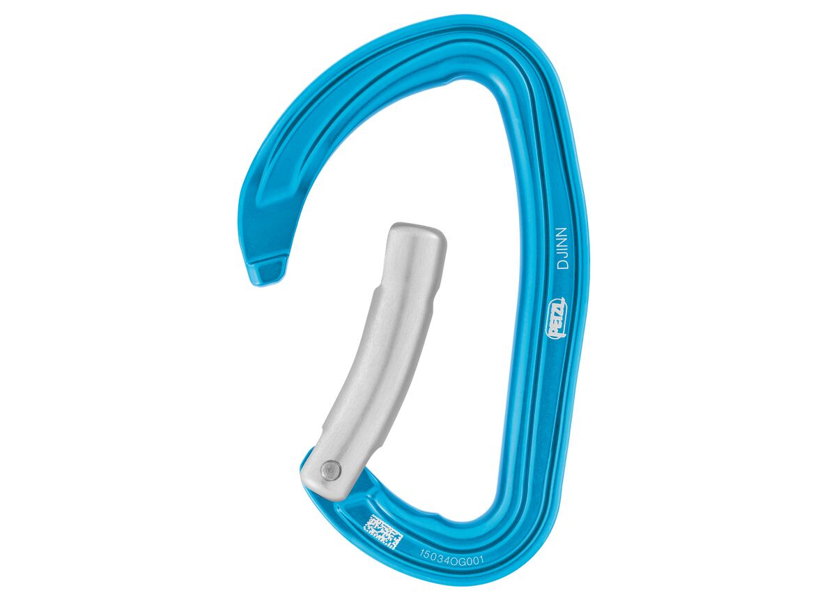 Mosquetón de escalada deportivo abierto Petzl Djinn de aluminio azul con sistema Keylock, gatillo recto o curvo.