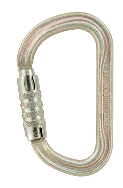 Mosquetón Petzl Vulcan de acero de alta resistencia con TRIACT-LOCK o SCREW-LOCK, disponible en dorado y negro, diseñado para anclajes múltiples y uso en entornos hostiles.