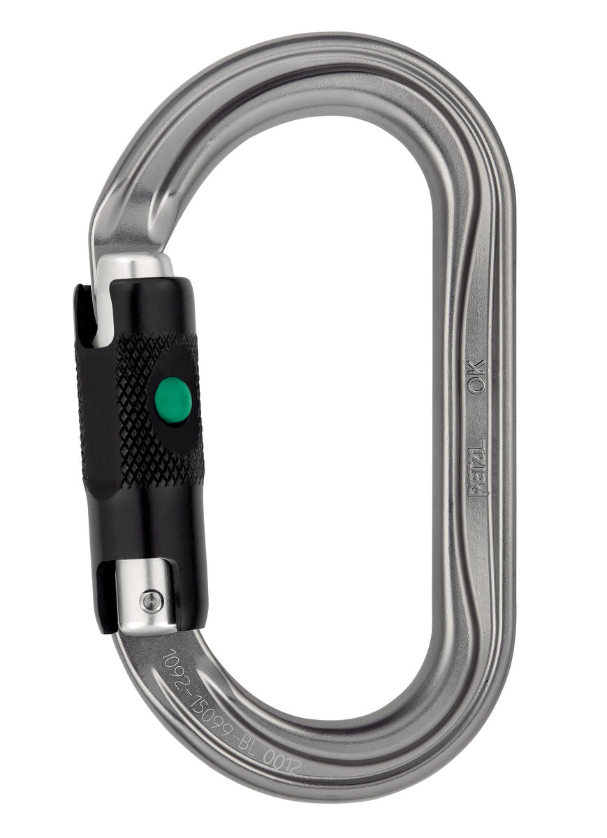 Mosquetón Petzl OK ovalado de aluminio con sistema BALL-LOCK, diseñado para una carga óptima de dispositivos de sección ancha.