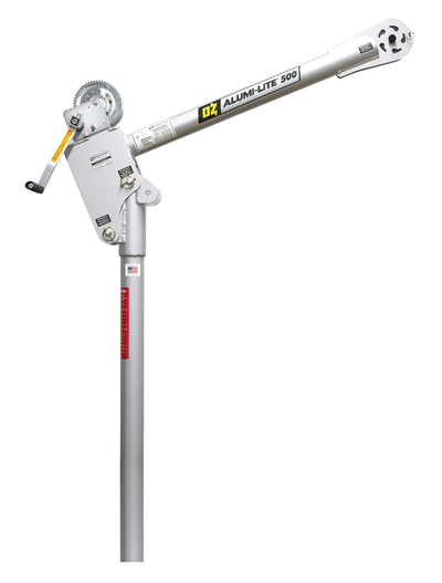OZ Lifting Alumi-Lite aluminum OZA500DAV davit crane featuring a manual hand crank winch and cable system, side view on a white background.