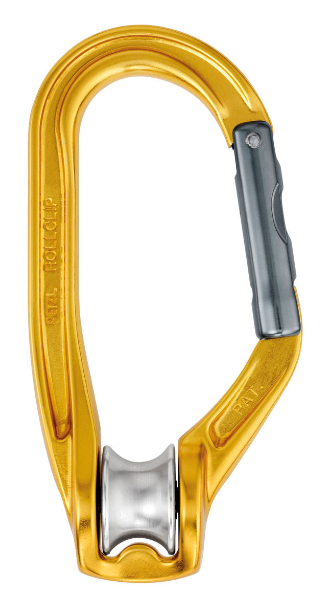 Petzl Rollclip A pulley-carabiner with gate opening for easy rope installation. Features a sealed ball bearing sheave for high efficiency and is available with or without a TRIACT-LOCK locking system. Compatible with a CAPTIV positioning bar to prevent flipping and improve loading alignment. Lightweight aluminum construction with a 20 kN major axis strength and 4 kN maximum working load.