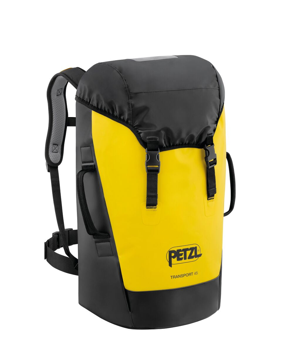 Petzl Transport 45 – Mochila amarilla duradera de 45 L para uso intensivo, con acolchado de espuma termoformada y material de TPU de alta resistencia.