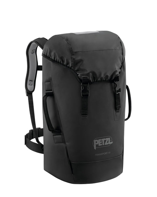 Petzl Transport 45 - Mochila duradera de 45L Negra para uso intensivo, que cuenta con acolchado de espuma termoformada y material TPU de alta resistencia.