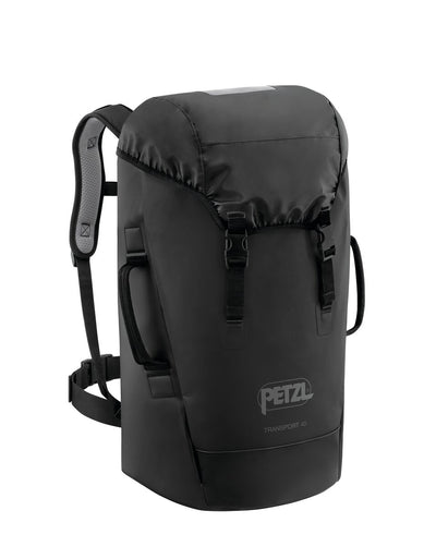 Petzl Transport 45 - Mochila duradera de 45L Negra para uso intensivo, que cuenta con acolchado de espuma termoformada y material TPU de alta resistencia.