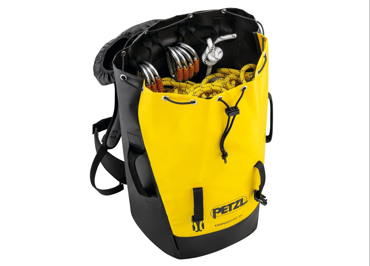 Yellow Petzl Transport 60L durable backpack for gear hauling.
