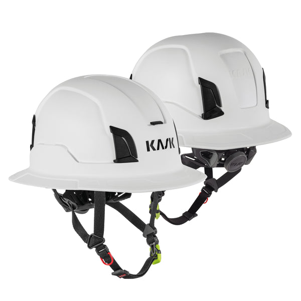 Two KASK Zenith X2 FR Full Brim safety helmets in white, front and side view
