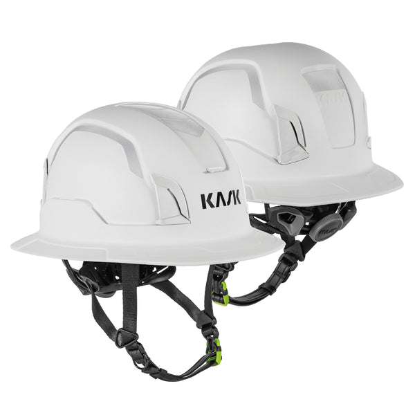 Two KASK Zenith X2 Full Brim Hi Viz safety helmets in white, front and side view