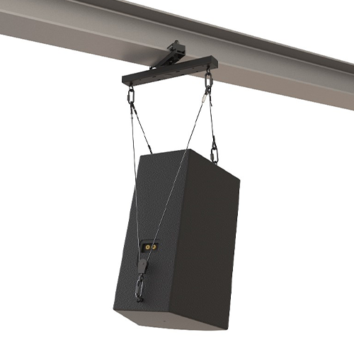 Adaptive Technologies Group adjustable tilt cable kit hanging a vertical speaker from an overhead beam