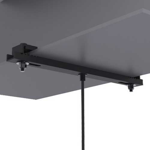 Adaptive Technologies Group BC16-21-0 open hang point beam clamp mounted under a ceiling beam with two drop rods