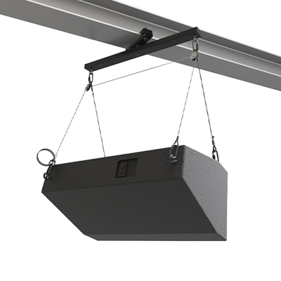 Adaptive Technologies Group double pulley tilt cable kit hanging a horizontal speaker from a beam