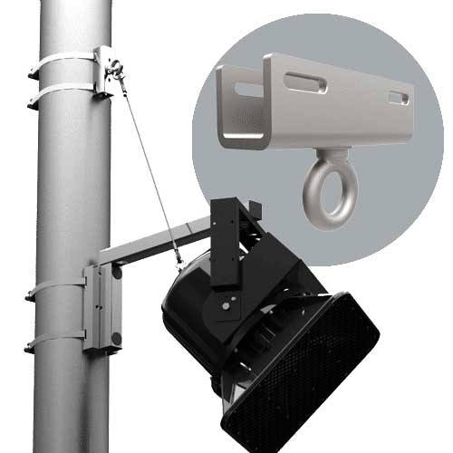 Adaptive Technologies Group PM-SAFETY-6DOWN anchor on a pole above a speaker with anchor detail inset