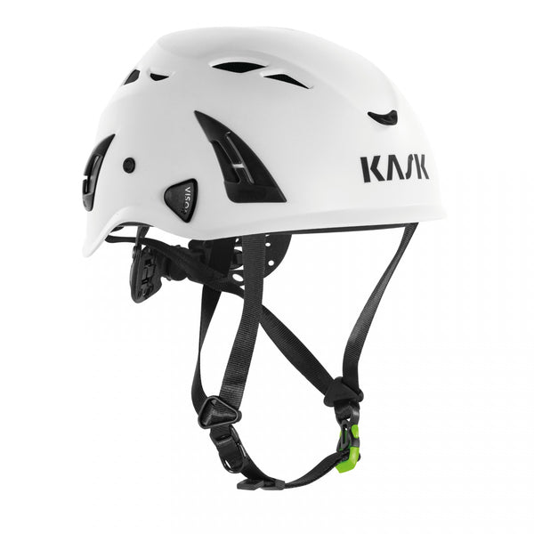 White helmet with black straps and Kask logo on a white background