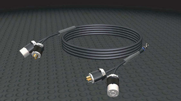 Motion Labs Overmold Y Dual Twist Hoist Cable coiled, with the Y end split into two twistlock connectors