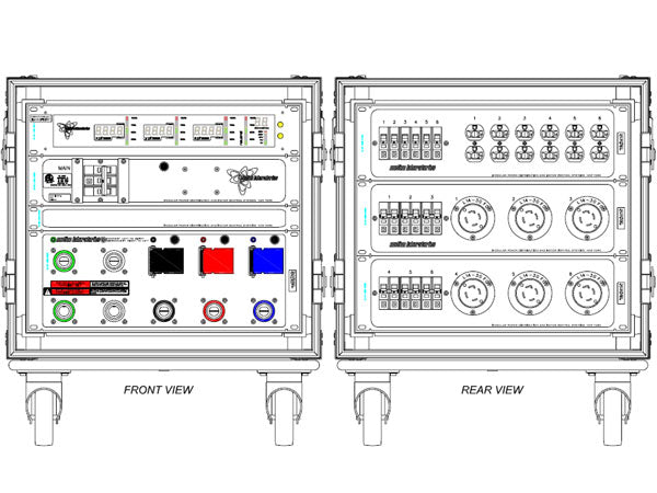 Front and rear drawing of Motion Labs Rolling Rack PDU on casters, with Edison duplex and twistlock outlets