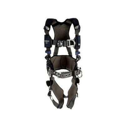 Arnés de escalada/posicionamiento de estilo de construcción cómodo 3M™ DBI-SALA® ExoFit NEX™ Plus: vista frontal con conexiones rápidas para el pecho y las piernas, anillo en D frontal y cinturón corporal/almohadilla para cadera con anillos en D laterales