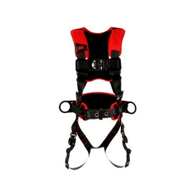Arnés de posicionamiento estilo construcción 3M™ Protecta® Comfort: vista frontal con conexiones de pecho de conexión rápida y cinturón corporal/almohadilla para cadera con anillos en D laterales