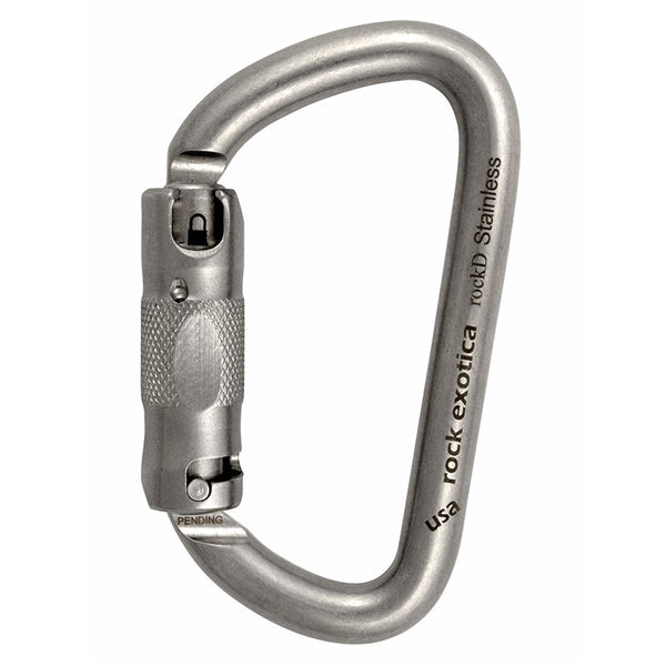 Mosquetón Rock Exotica rockD de acero inoxidable con bloqueo automático: el bloqueo de tornillo rockD ofrece una resistencia impresionante en un marco compacto de acero inoxidable. Construimos el rockD inoxidable con todos los componentes de acero inoxidable. – Ahora disponible en MTN Shop US.