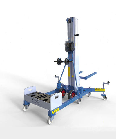 Kuzar Industrial Lifter 300kg/5.2m with 100kg Counter Weight & Basket - HAMMER 56CW– Kuzar lifter 300KG- a robust industrial stacker with Counter Weight basket and 100kg of weight included. Made in Spain, the HAMMER 56CW Lifter has been designed for vertically lifting loads, and horizontal movements with the load lifted at minimum height. This lightweight stacker with an impressive 300kg capacity has high-quality wheels for easy movement and a powerful winch for efficient lifting whilst remaining compact an