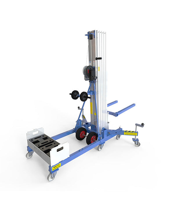 Kuzar Industrial Lifter 300kg/7.3m with 100kg Counter Weight & Basket - HAMMER 73CW– Kuzar lifter 300KG- a robust industrial stacker with Counter Weight basket and 100kg of weight included. Made in Spain, the HAMMER 73CW Lifter has been designed for vertically lifting loads, and horizontal movements with the load lifted at minimum height. This stacker with an impressive 300kg capacity has high-quality wheels for easy movement and a powerful winch for efficient lifting whilst remaining compact and agile. Com