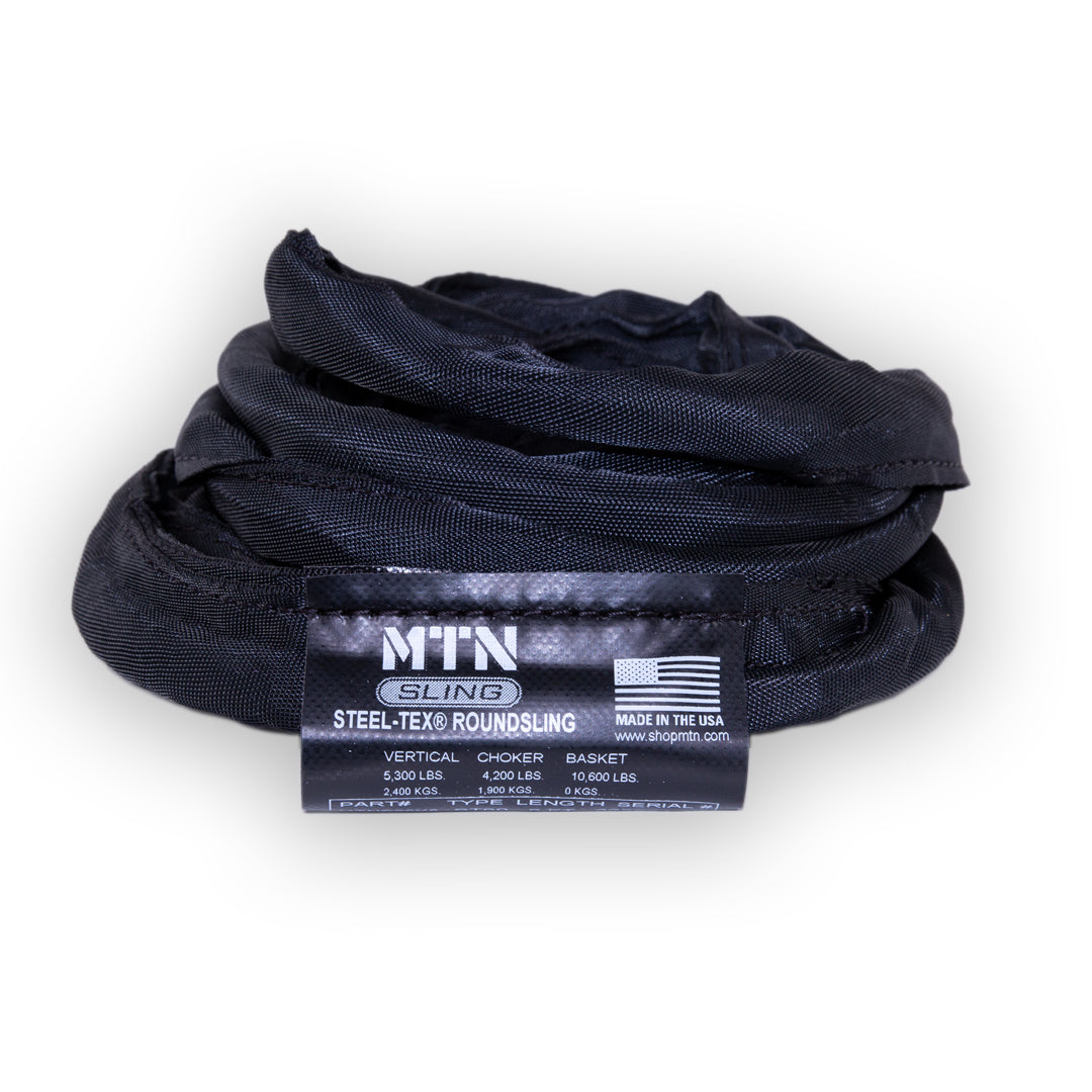 MTN Round Slings Black Steel-Tex– MTN Slings are designed to match theatrical settings and safely perform during all of your lifting applications. For sale in 2', 3', 4', 6', 8' 9', 12' lengths. Best round slings for rigging, lightweight, OSHA certified, black theatrical color. – Now available at MTN Shop US.
