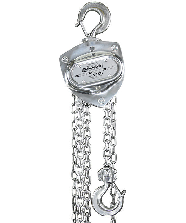 Polipasto de cadena de acero inoxidable OZ Lifting: el polipasto de cadena de acero inoxidable Oz Lifting cuenta con una mano y una cadena de carga de acero inoxidable para un acabado duradero y no aceitoso. Este polipasto de cadena de techo es perfecto para minimizar el esfuerzo al mover cargas pesadas. El polipasto de cadena está disponible con capacidades de elevación de 0,5 toneladas, 1 tonelada y 2 toneladas; ahora disponible en MTN Shop US.