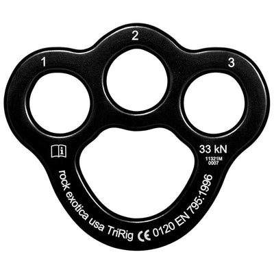 Rock Exotica TriRig– The lightest high performance 3 hole rigplate. Weighs less than a locking carabiner. The TriRig features numbered holes to assist with detailed rigging. – Now available at MTN Shop US.