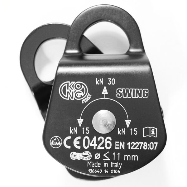 Kong Pulley Swing– Polea compacta con placas laterales móviles y casquillos. Para cuerdas de hasta ⌀11mm. Disponible en 4 versiones. Eficiencia: 87%. Resistencia a la rotura: 30 kN. – Ahora disponible en MTN Shop US.