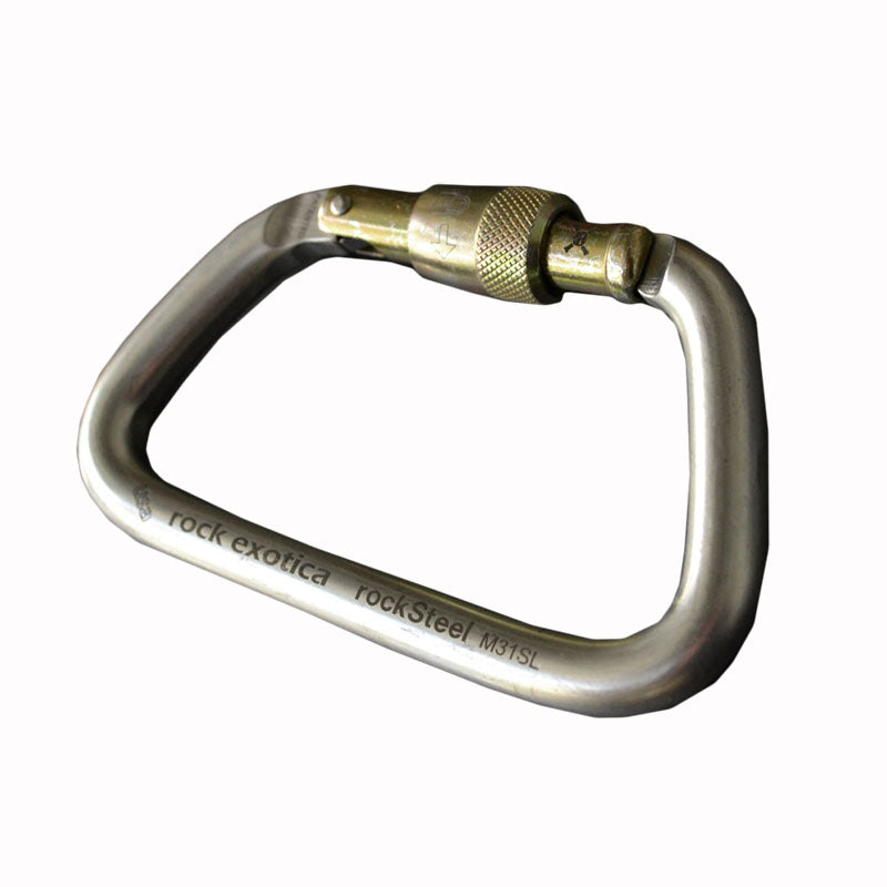 Mosquetón Rock Exotica rockSteel Screw-Lock: el rockSteel Screwlock ofrece una impresionante relación resistencia-peso, una gran apertura de puerta y características de manejo precisas gracias a las superficies mecanizadas por CNC. – Ahora disponible en MTN Shop US.
