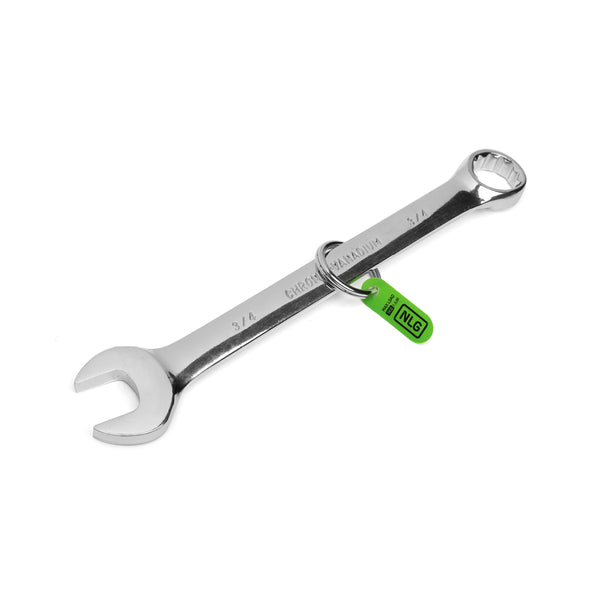 Silver wrench with a green tag on a white background