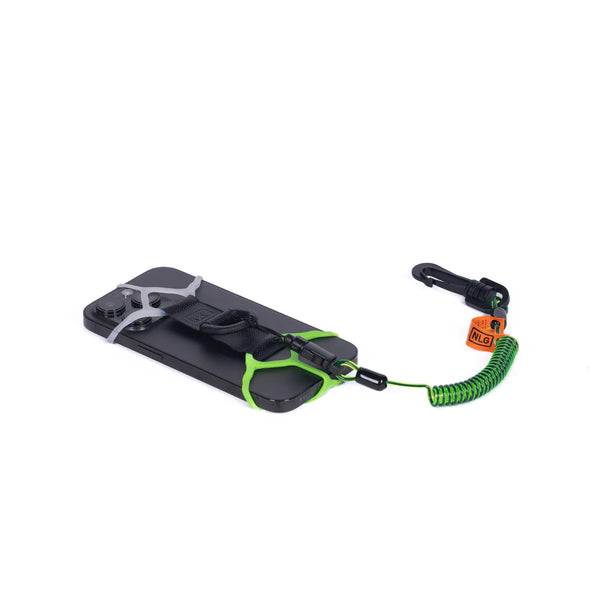 Black and green leash with a clip on a white background