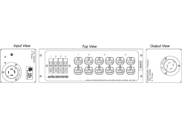 Motion Labs breakered stringer box drawing with L14-30 input and thru, 4 breakers and 6 Edison duplex outlets - imagen 3