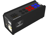 Motion Labs breakered stringer box with L21-30 inlet, 3 x 20A breakers and six color-coded black, red and blue Edison duplex outlets