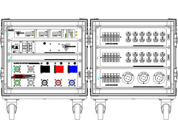 Motion Labs rolling rack PDU with front power meter, 5 wire cam input and thru, and breakered outputs in a shock-mounted ATA case - imagen 2