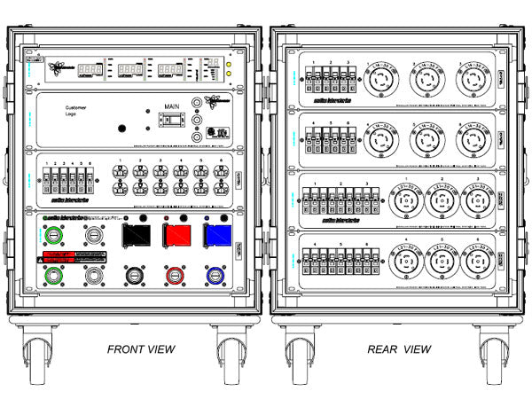 Motion Labs rolling rack PDU with front power meter, 5 wire cam input and thru, and breakered outputs in a shock-mounted ATA case - imagen 7