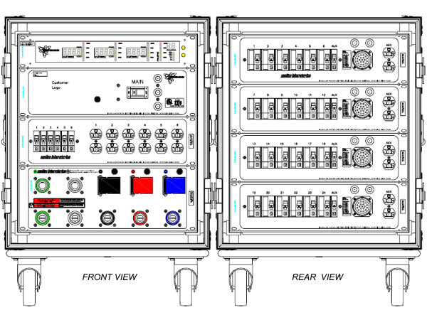 Motion Labs rolling rack PDU with front power meter, 5 wire cam input and thru, and breakered outputs in a shock-mounted ATA case - imagen 8