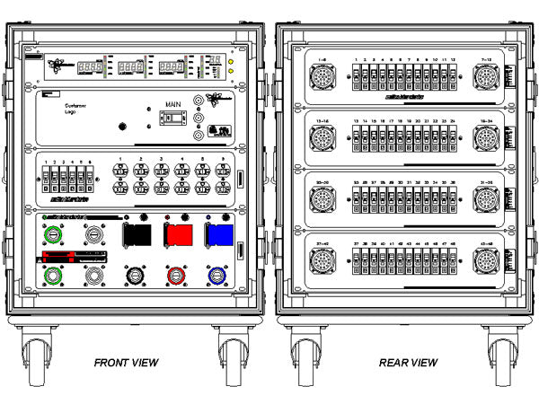 Motion Labs rolling rack PDU with front power meter, 5 wire cam input and thru, and breakered outputs in a shock-mounted ATA case - imagen 9