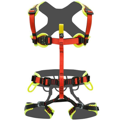 KONG Target Pro ultralight rescue harness front view, fluorescent yellow and red