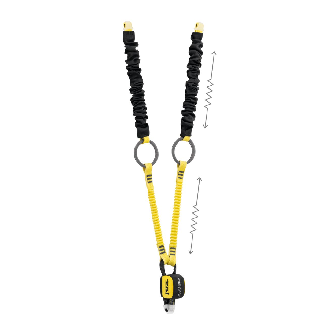 Petzl ABSORBICA-Y TIE-BACK Lanyard – The Petzl ABSORBICA-Y TIE-BACK is a Double Lanyard with integrated intermediate tie-back rings and a compact energy absorber. Designed for vertical progression on very large structures. Available with or without Connectors. Shop now. – Now available at MTN Shop US. - imagen 7