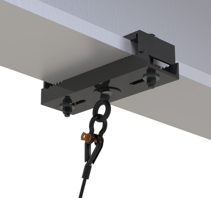 Adaptive Technologies Group BC7-12-GE gimbaled beam clamp under a steel beam with shackle and wire rope on the swivel eye