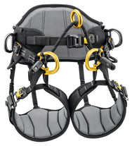 Petzl SEQUOIA PLUS tree care harness, front view with gated attachment points, bridge and padded leg loops