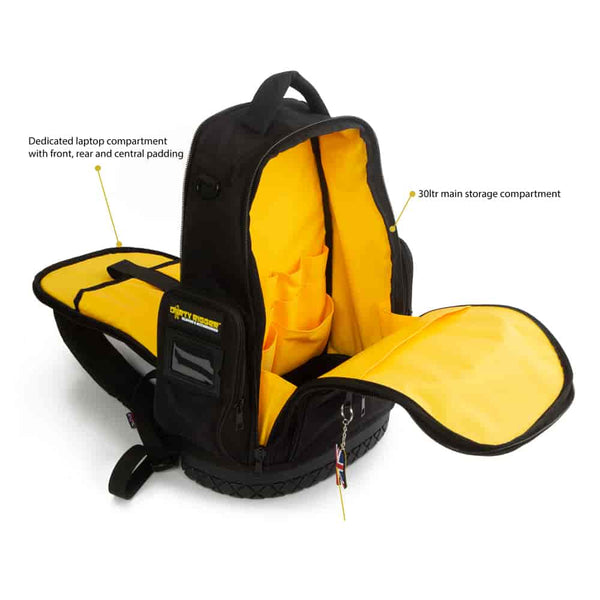 Dirty Rigger Technicians Backpack– The Dirty Rigger Gear Bag has 12 liters of space for tools, tablets, and more. This padded tool bag with shoulder strap is ideal for riggers, construction use, and more. – Now available at MTN Shop US.