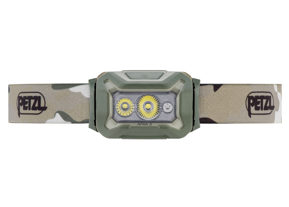 Linterna frontal compacta Petzl Aria 2 RGB con múltiples modos de iluminación.